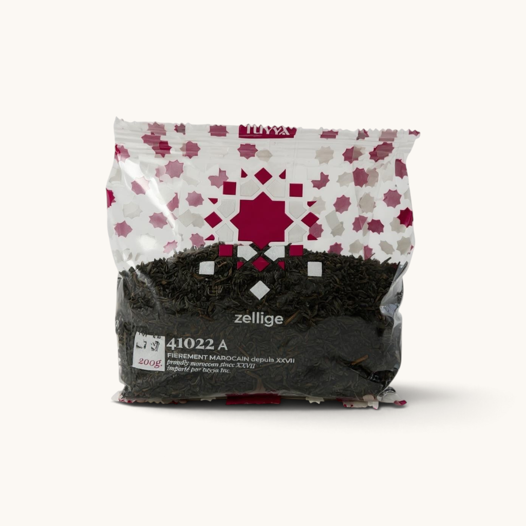 tuyya Moroccan Loose Leaf Green Tea Zellige 41022a in a 200g clear plastic bag with geometric pattern