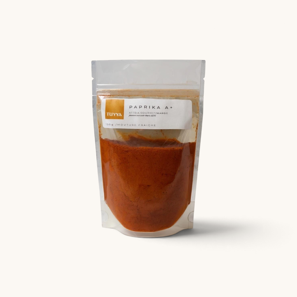 tuyya premium Moroccan paprika powder in a 150g clear stand-up pouch with a white label