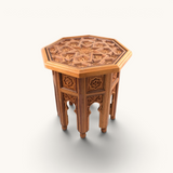 TUYYA octagonal side table featuring hand-carved floral patterns in samba, mahogany, and cedar wood with a glass top.