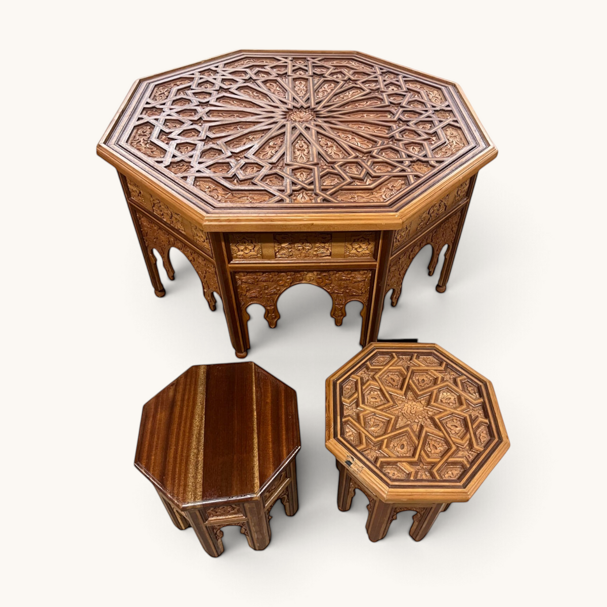 TUYYA octagonal side table set featuring hand-carved floral wood patterns, glass tops, and mahogany, cedar, samba wood.