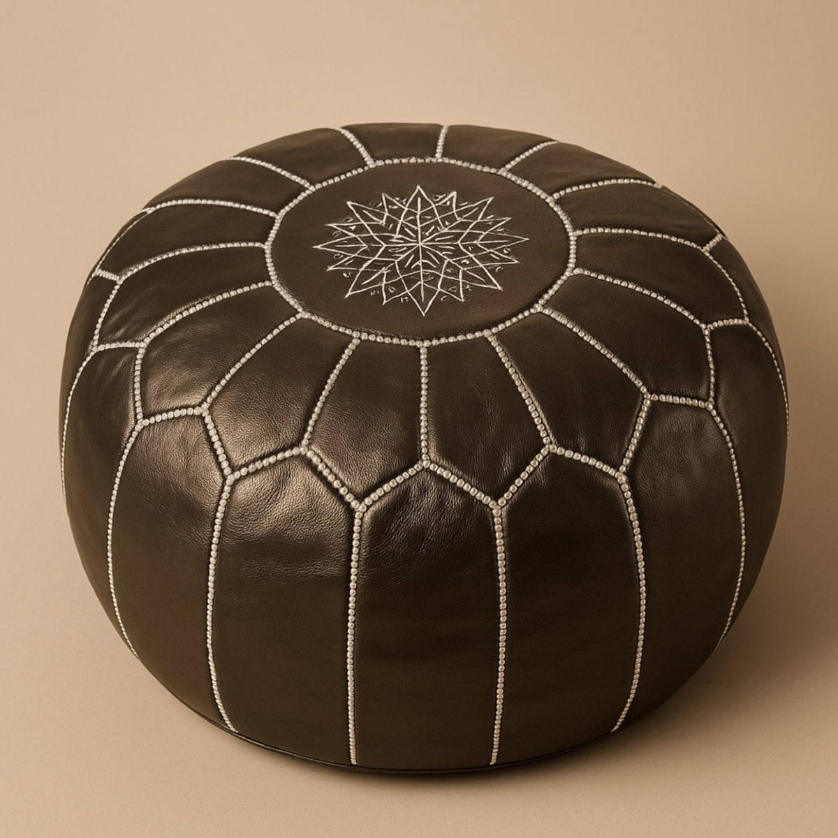 Bronze Moroccan Embroidered Vegan Leather Pouf