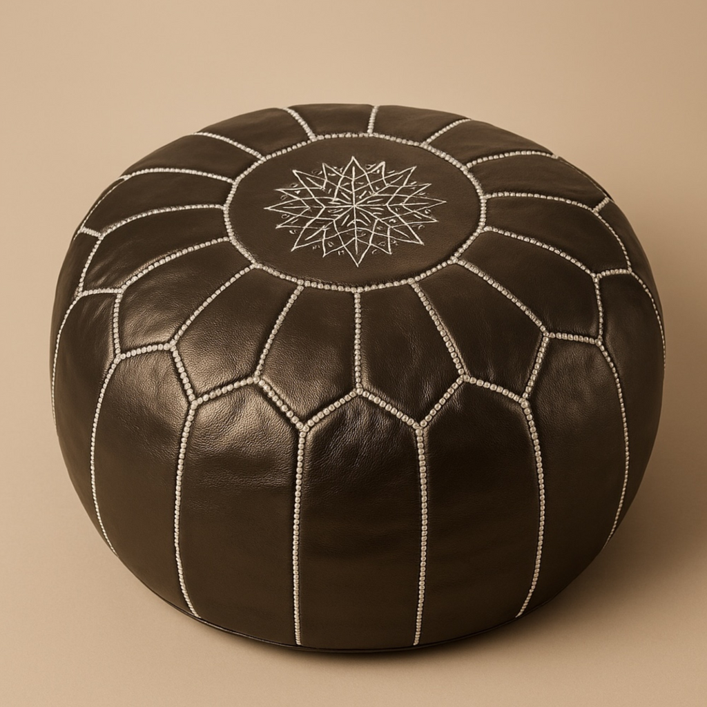 Bronze Moroccan Embroidered Vegan Leather Pouf