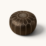 tuyya bronze Moroccan vegan leather pouf with intricate white embroidery and hand-stitched detailing