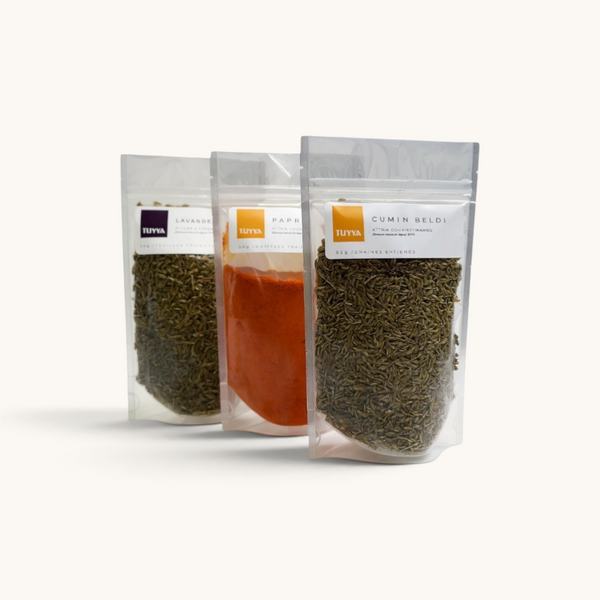 tuyya Moroccan lavender grains and spices in clear stand-up pouches on a white background
