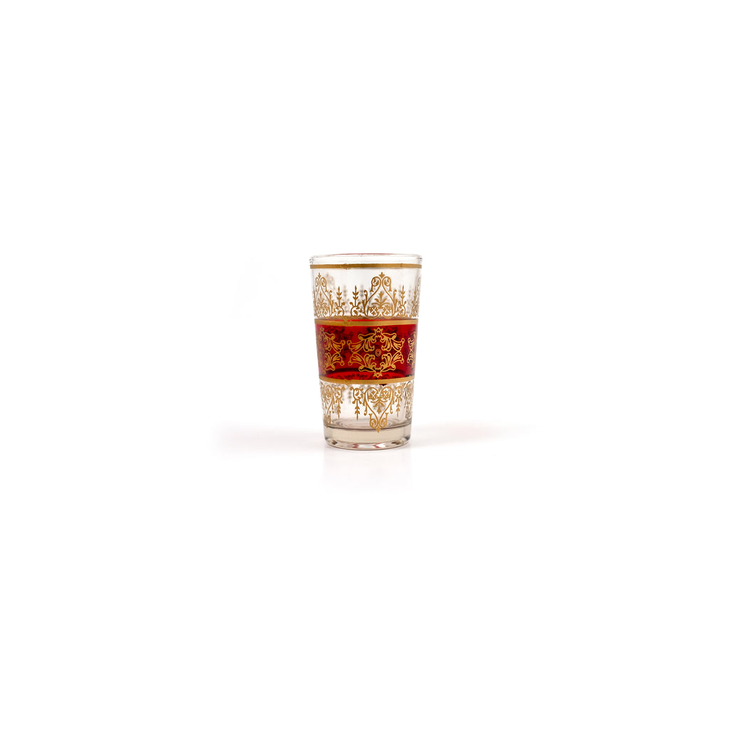 Red 'Tunis' Moroccan tea glass, 4oz, with golden floral arabesque design.