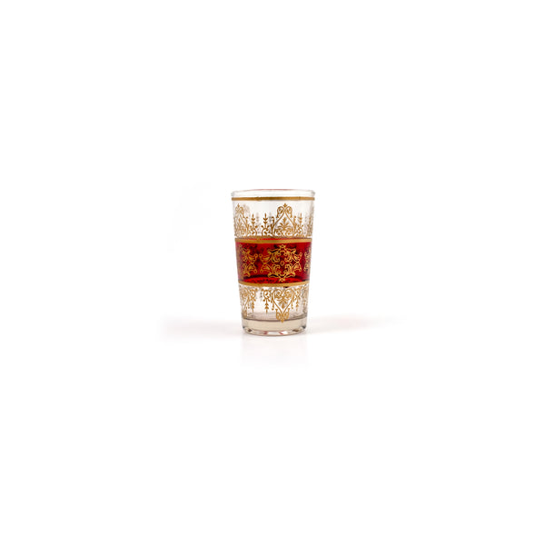 Red 'Tunis' Moroccan tea glass, 4oz, with golden floral arabesque design.