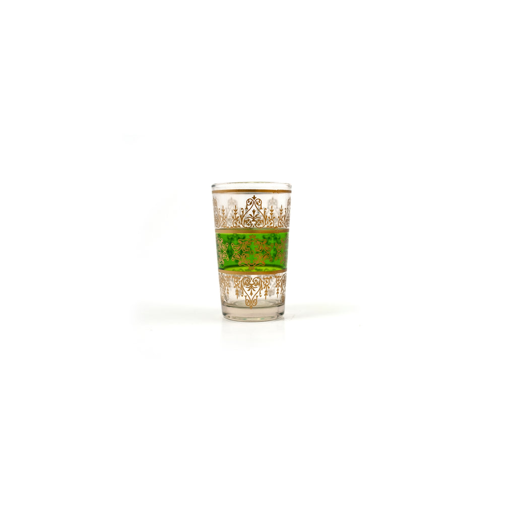 Green 'Tunis' Moroccan tea glass, 4oz, with golden floral arabesque design.