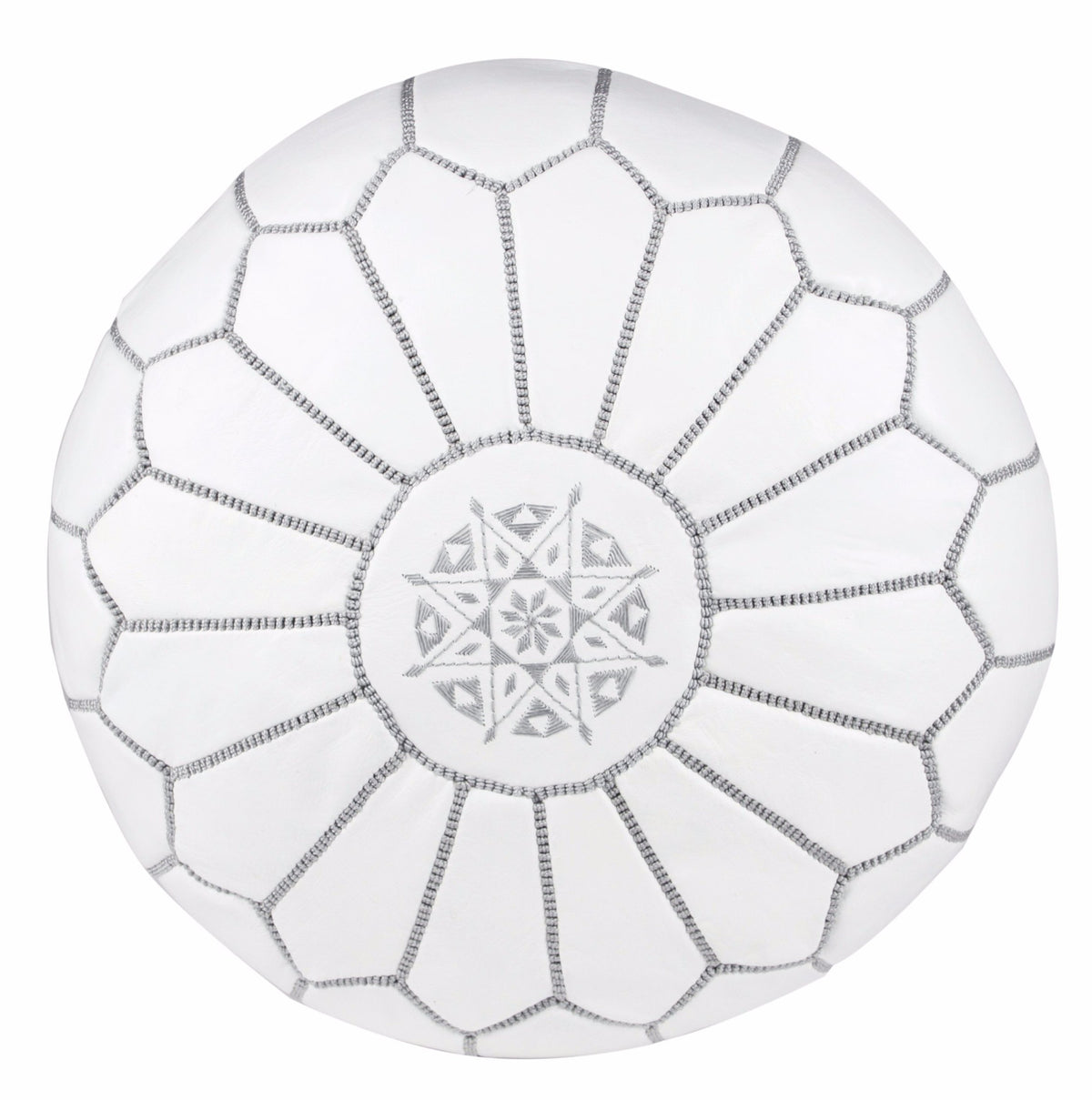 White Moroccan Embroidered Leather Pouf